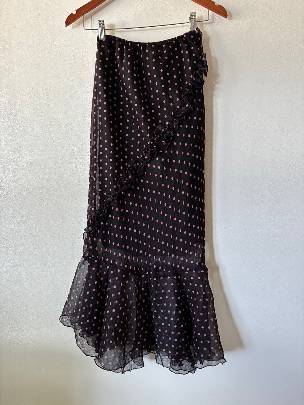 Womens Black Pink Polka Dot Mermaid Midi Skirt Ruffle Sheer Lined Small/Medium